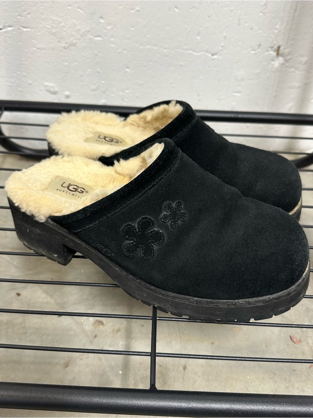 UGG Black Suede Shearling-Lined Floral Embossed Clog Mule
